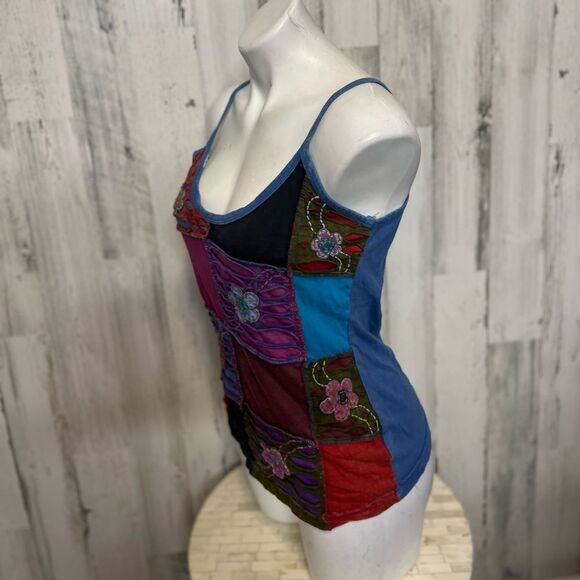 Boho Patchwork Embroidered Tank Top | Multicolor Festival Cami – Size Medium - Picture 3 of 6